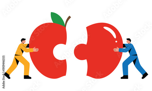 Teamwork concept vector illustration showing business team pushing two apple puzzle elements together highlighting cooperation partnership and collaboration