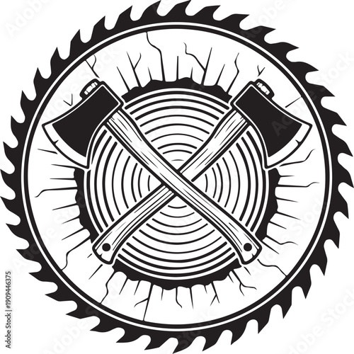 Classic logger emblem featuring crossed axes over a wood stump and framed by a saw blade