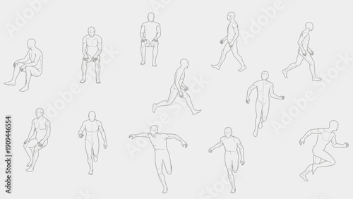 Human figures in motion, sketch, line art, action poses, running, walking, sitting