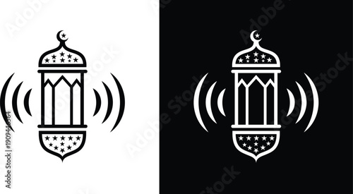 Minimal Islamic lantern icon with sound waves in black and white version. Perfect for Ramadan audio, Azan, Islamic app, and notification design.
