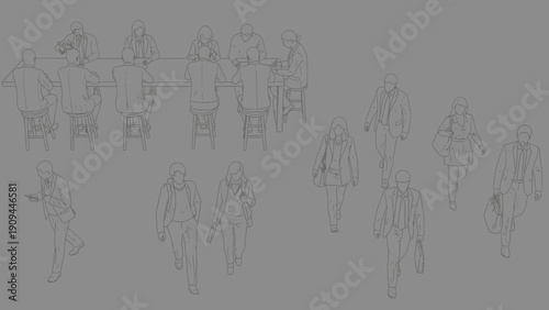 people walking outline, commuters, line art, gray background
