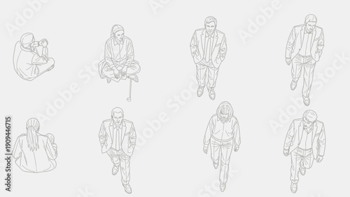 overhead view people walking, sketches, drawing, line art