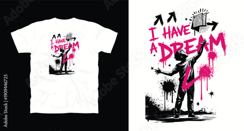 Street art graffiti style illustration of young boy reaching for star with text I have a dream t-shirt design print
