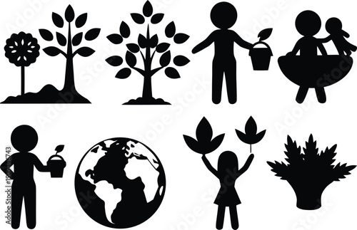 Silhouettes of people planting trees and caring for environment isolated on transparent background, Vector, illustration