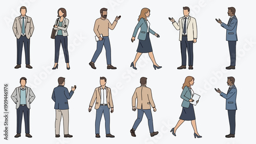 diverse business people walking and standing, hand drawn style