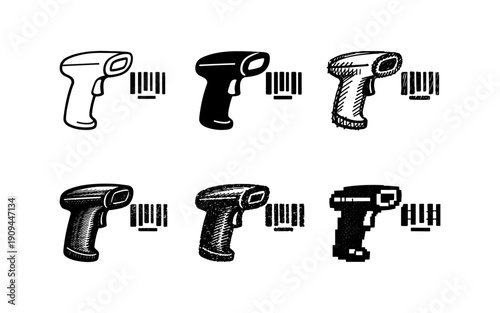 Collection of six diverse barcode scanner icons in various artistic styles