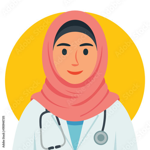 Muslim female doctor with pink hijab and purple clothes shown in flat vector illustration perfect for medical healthcare diversity and professional character artwork
