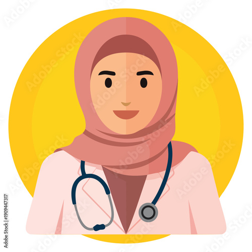 Muslim female doctor wearing pink hijab and purple clothes flat vector illustration ideal for healthcare diversity medical profession and cultural representation themes
