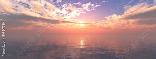 Panorama of sea sunset, ocean sunrise, seascape, 3d rendering