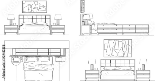 Four bedroom interior line showing beds nightstands lamps and abstract