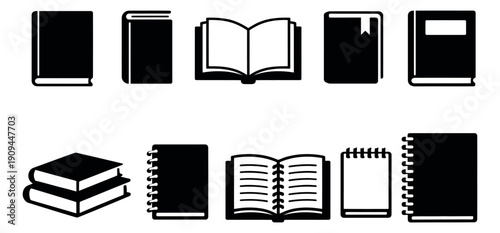 Minimalist icon book and notebook set featuring various closed, open, and spiral bound designs for education, reading, and learning concepts