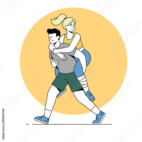 Concept of sacrifice, care, and medical support. Illustration of a man helping an injured partner, symbolizing teamwork, physical therapy, and emotional bonding.