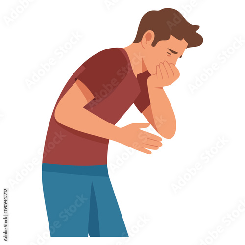 Nausea vomiting symptom flat design illustration showing man suffering from vomit and closing mouth suitable for health education illness awareness and medical themed designs