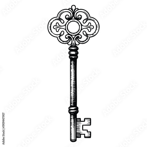 Old key illustrated in black and white style on a white background representing vintage access security mystery and antique design themes