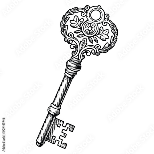 Old key shown in black and white illustration on a white background ideal for antique mystery security and heritage inspired artwork
