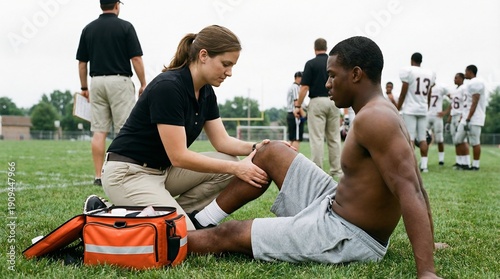 Dedicated sports medic providing focused care for a soccer player's knee injury on the field, showcasing professional medical attention and athletic support.