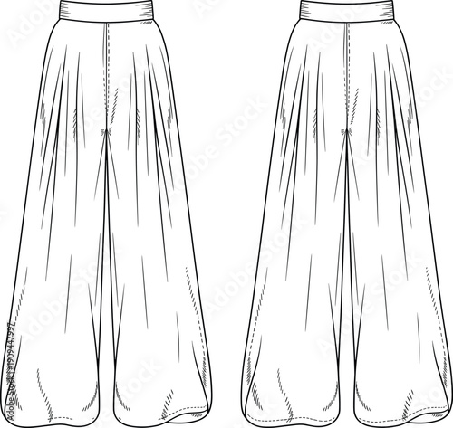 Wide leg pants fashion sketch, high waist pleated trouser design, CAD apparel template for clothing production and garment illustration