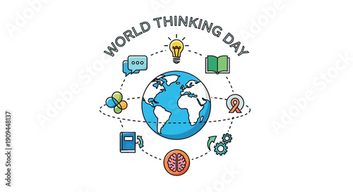Flat lay illustration of a blue globe surrounded by icons representing World Thinking Day with a focus on global community and sustainability.