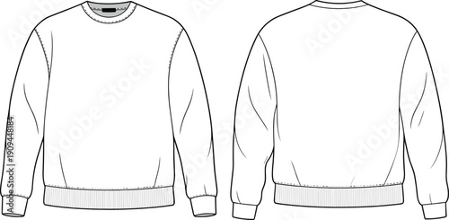 CAD drawing, flat sketch, front and back sweatshirt, vector illustration, apparel design, fashion template, 