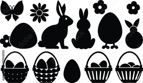 Easter bunny and eggs silhouette set isolated on transparent background, Vector, illustration