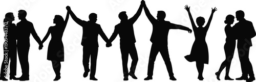 Group of happy people silhouettes holding hands and celebrating together isolated on white background, teamwork unity friendship and community concept illustration