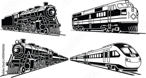 Four distinct train including steam locomotives and modern high-speed trains steam engine diesel engine