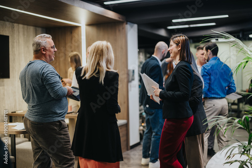 Photos Professionals mingle at an indoor business networking event, exchanging documents