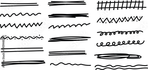 Collection of various hand drawn lines and scribbles in black ink on white background