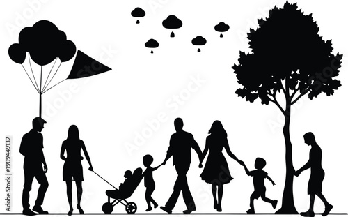 Family silhouettes with hot air balloons isolated on transparent background, Vector, illustration