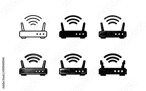 Collection of six different router icons with wifi signal waves, line art and grunge styles
