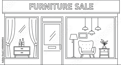 Furniture storefront with sale sign and interior display furniture sale interior home decor chair lamp