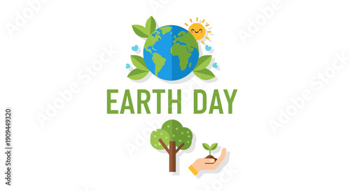 Celebrating Earth Day with a vibrant illustration depicting a healthy planet, a growing plant, and a radiant sun, signifying environmental awareness and sustainability efforts for a greener future