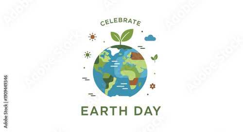 Celebrate Earth Day with a vibrant illustration of our planet Earth, adorned with lush green plants and the words 'Celebrate Earth Day,' promoting environmental awareness and sustainability