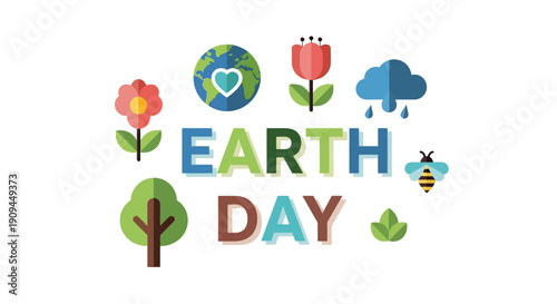 Happy Earth Day celebration with colorful icons of nature, flowers, clouds, and a bee, promoting environmental awareness and sustainability