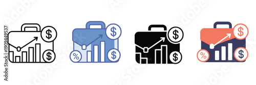 Investment portfolio icon sheet multiple style collection, finance and asset management symbols, charts, documents, wallet and growth graphics, line, glyph and flat vector illustration set.