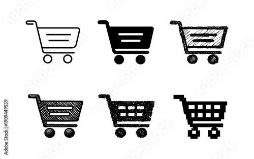 Collection of shopping cart icons in various styles, from clean lines to sketched and pixelated designs