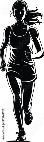 High contrast black and white vector illustration of a fit woman running towards camera isolated on white background for sports fitness and marathon design