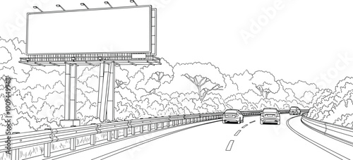 Highway scene with cars and a large blank billboard sign surrounded by trees road vehicles