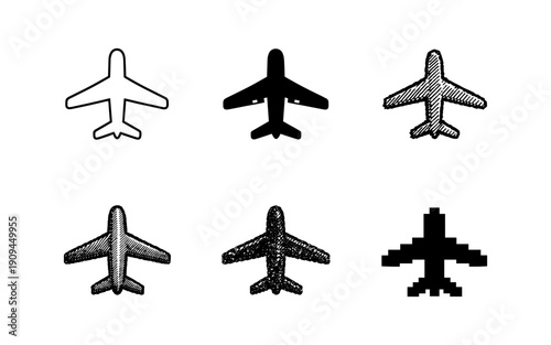 Collection of six airplane icons in various styles and textures on a white background