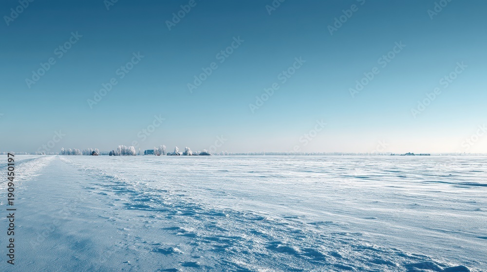 Obraz premium Vast snow-covered field under a clear blue sky in winter landscape