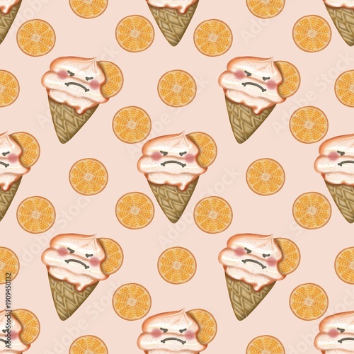 Seamless pattern of fruit Ice Cream cartoon waffle cones. Hand drawn watercolor illustration. For menus, labels, paper, textiles and seasonal fabric.