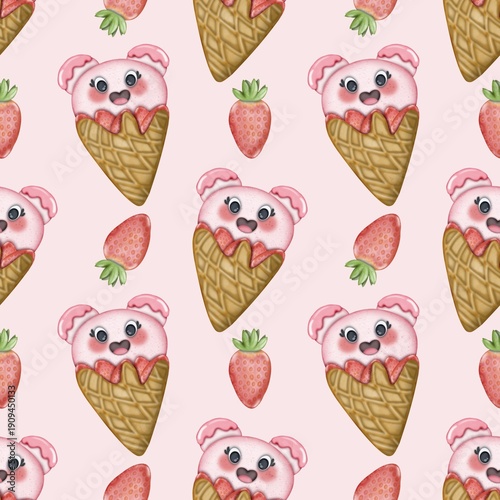 Seamless pattern of fruit Ice Cream cartoon waffle cones. Hand drawn watercolor illustration. For menus, labels, paper, textiles and seasonal fabric.