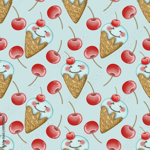 Seamless pattern of fruit Ice Cream cartoon waffle cones. Hand drawn watercolor illustration. For menus, labels, paper, textiles and seasonal fabric.