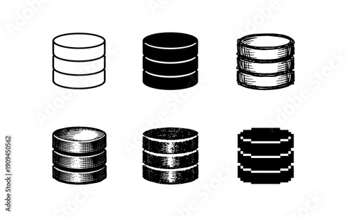 Collection of database icons in various artistic styles and formats