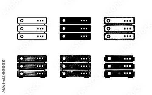 Collection of server rack icons in various styles, representing data storage and technology