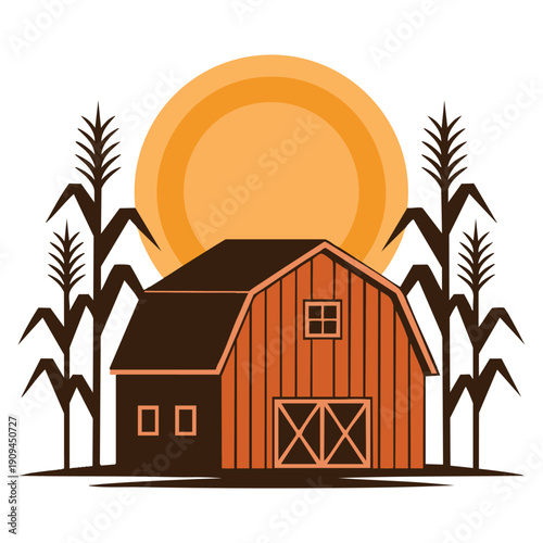 Red barn on yellow farmland with corn plants and sun background flat vector illustration countryside agriculture landscape concept for poster banner greeting card postcard