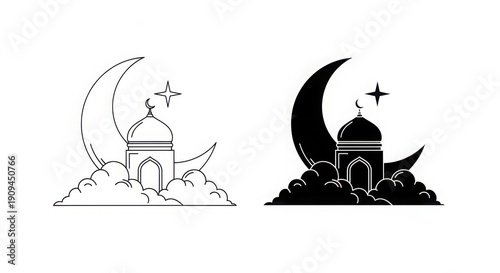 A pair of mosque illustrations with crescent moon and star on a white background. illustration