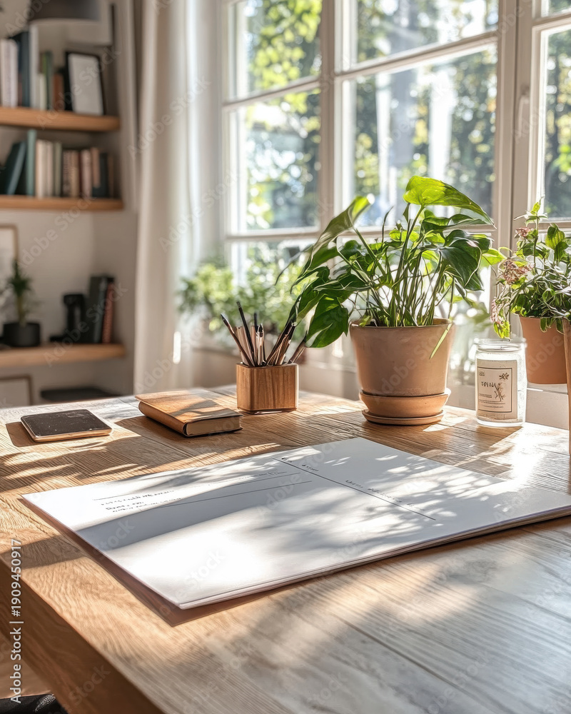 Fototapeta premium Unlocking Business Potential: A Clean Workspace Scene with Laptop and Strategic Elements for Inspiration