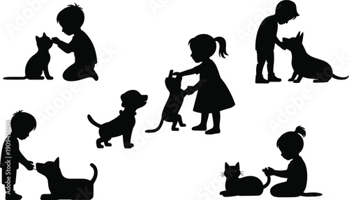 Children with pets silhouettes set, kids playing with cats and dogs, animal companionship icons, pet care illustration, affectionate child animal interaction collection