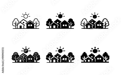 Collection of stylized houses with trees and sun icons in various artistic styles